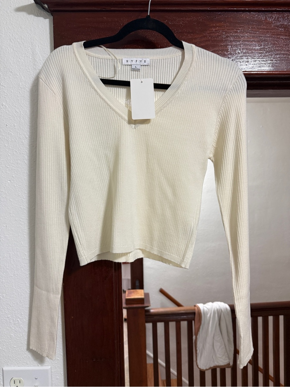 Cream Ribbed V-Neck Long Sleeve Top